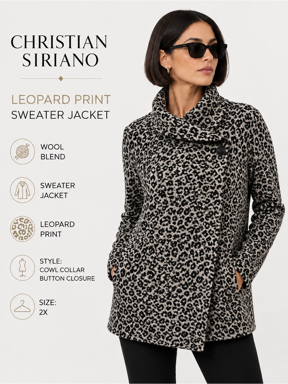 Christian Siriano Leopard Print Wool-Blend Cowl Neck Sweater Jacket Size 2X
